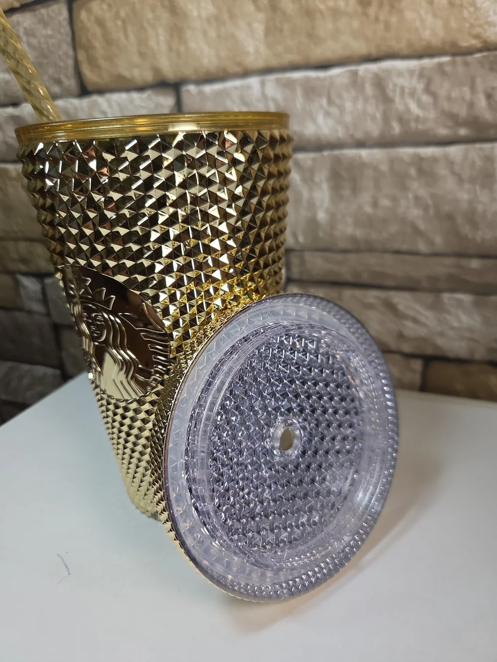 New Starbucks Metallic Gold Studded Tumbler with Straw